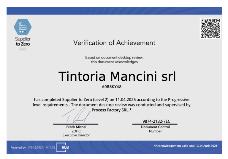 certificate Supplier to Zero Tintoria Mancini